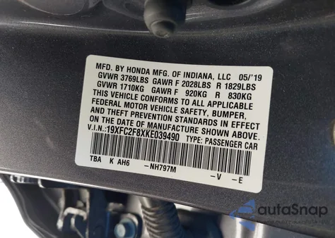 2019 Honda Civic Sport from USA, damaged, VIN 19XFC2F8XKE039490